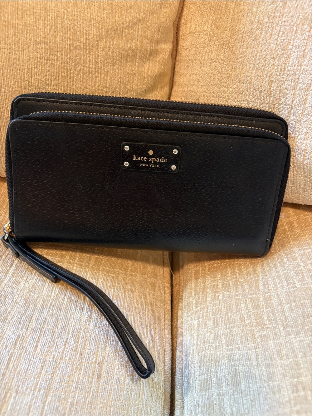 kate spade Black Leather double Zip Wristlet with Gold Plaque